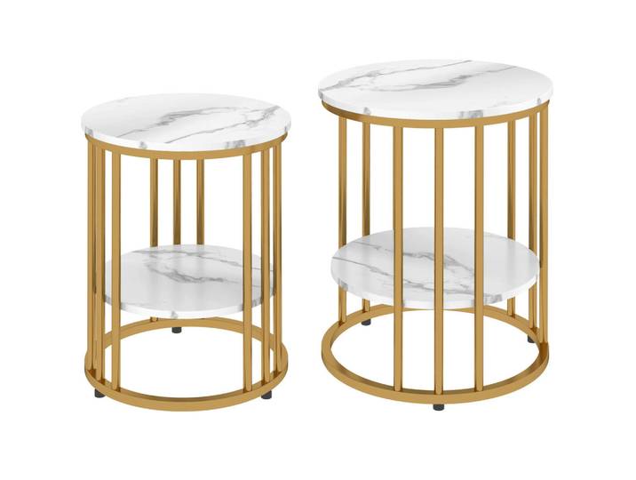 Homcom Couchtisch rund 2er Set Beistelltisch mit Ablage, Stahlrahmen, Marmoroptik Weiß, 45x55x45 cm, Wohnzimmer, Wohnzimmertische, Couchtische