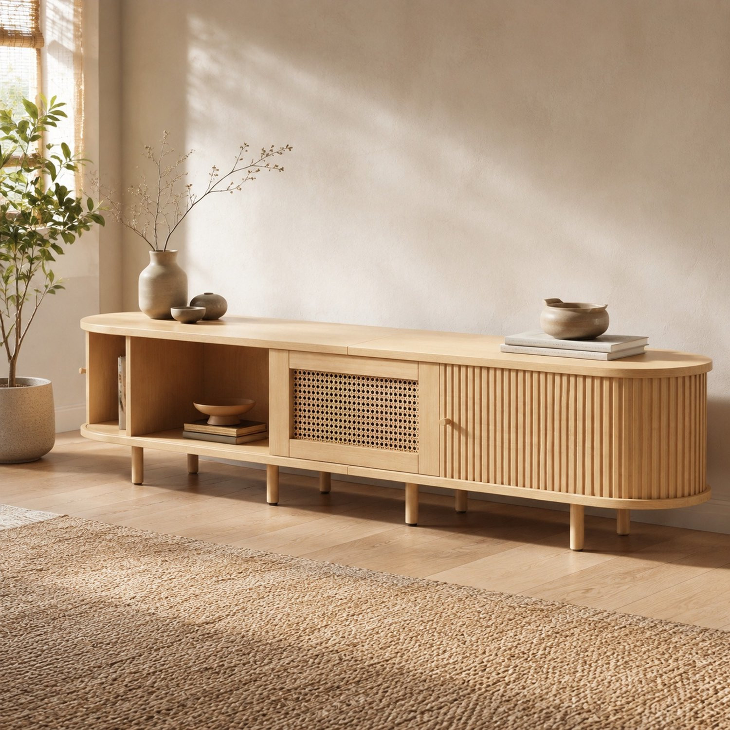 CHICFURN TV-meubel met schuifdeuren en lade, Naturel, Breedte: 180 cm