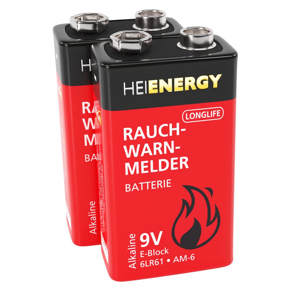 HEITECH Alkaline 9V-blokbatterijen 6LR61, 2 stuks, voor rookmelders