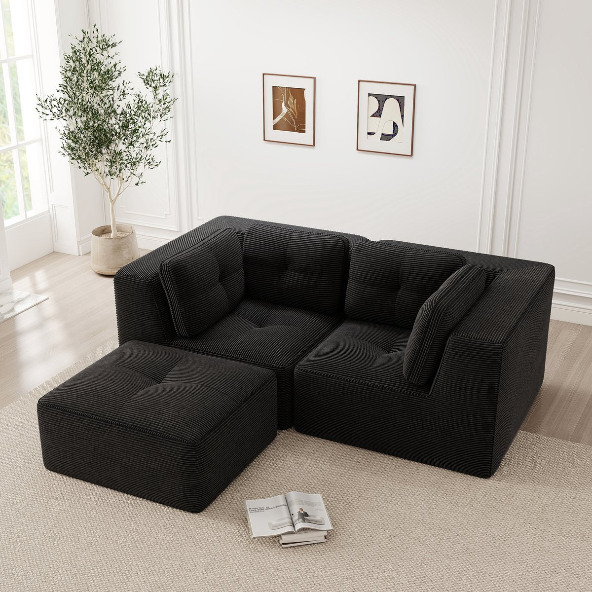 MODFU Modulaire Hoekbank - Minimalistisch Design - Zwarte Ribstof