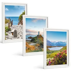 BILDER SET 3er Set - 40x60 cm Weißer Rahmen - Strand, Leuchtturm, Berge, Blumen