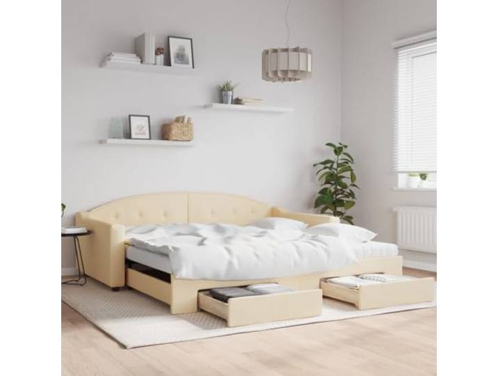 RJPLMFV Tagesbett mit Ausziehbett und Schubladen, cremefarben, 100 x 200 cm, Stoff