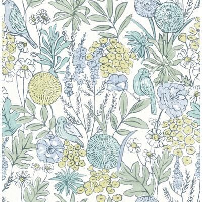 Chesapeake Goldfinch Aqua Birds and Blooms Wallpaper