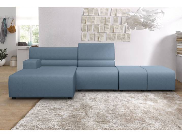 Ecksofa EGOITALIANO Babouche, Designsofa mit aussergewöhnlichem Sitzkomfort zum Wohlfühlen , blau (hellblau), B:384cm H:80cm T:98cm, Luxus-Micofaser Lederoptik (100% Polyester) ist ein neues technisches Gewebe mit einem visuellen und taktilen Aspekt, der dem Nubuk sehr nahe kommt, mit innovativen Eigenschaften. Seine ausserordentliche Weichheit kommt von einem exklusiven Produktionsprozess, der Unreinheiten und Unregelmässigkeiten beseitigt. Das Ergebnis ist eine bemerkenswert samtige Faser, die durch das Vorhandensein von Körnern verstärkt wird. Von der einfarbigen Eleganz der warmen Farben und der Vielfalt an trendigen Farben, die es zu seiner eigenen Stärke und Persönlichkeit machen., Sofas, Ecksofa