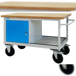 PROREGAL Mobile Werkbank Rhino mit Ablagefach + 1 Tür | HxBxT 83x130x60cm | Traglast 500kg | Lichtgrau/Lichtblau