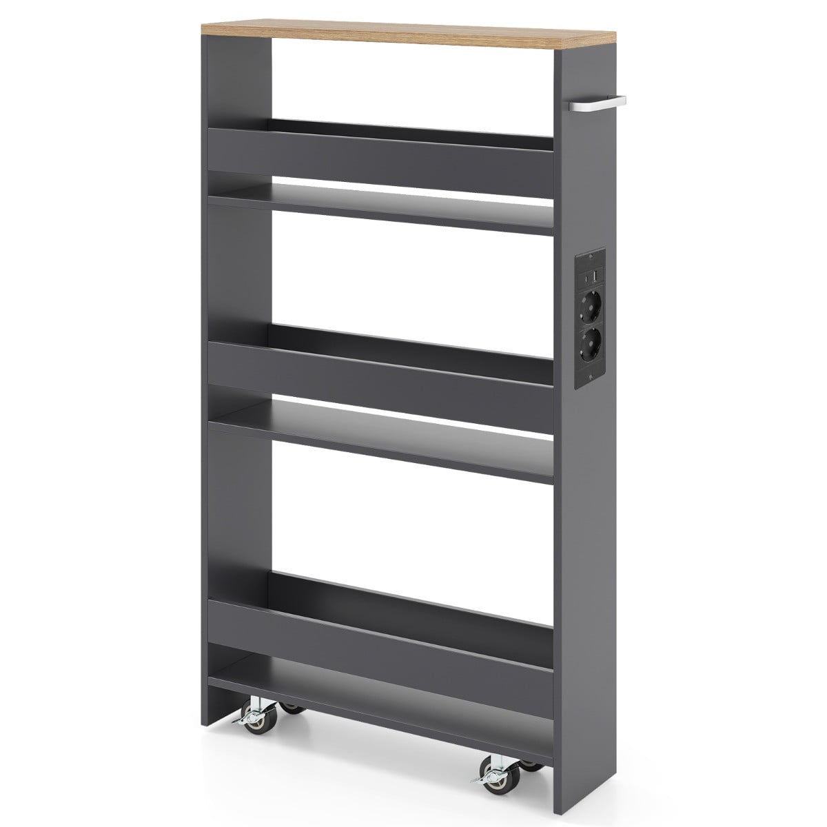 Costway Ultradunne Opbergkar met Oplaadstation, 4-laags Keukenkar met Handgrepen, Grijs, Breedte: 13 cm