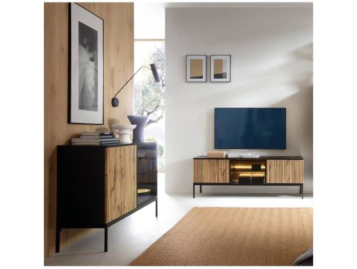 Lomadox Wohnzimmer Set, 2-teilig, Lowboard, Kommode, inkl. Beleuchtung, schwarz mit Wotan Eiche
