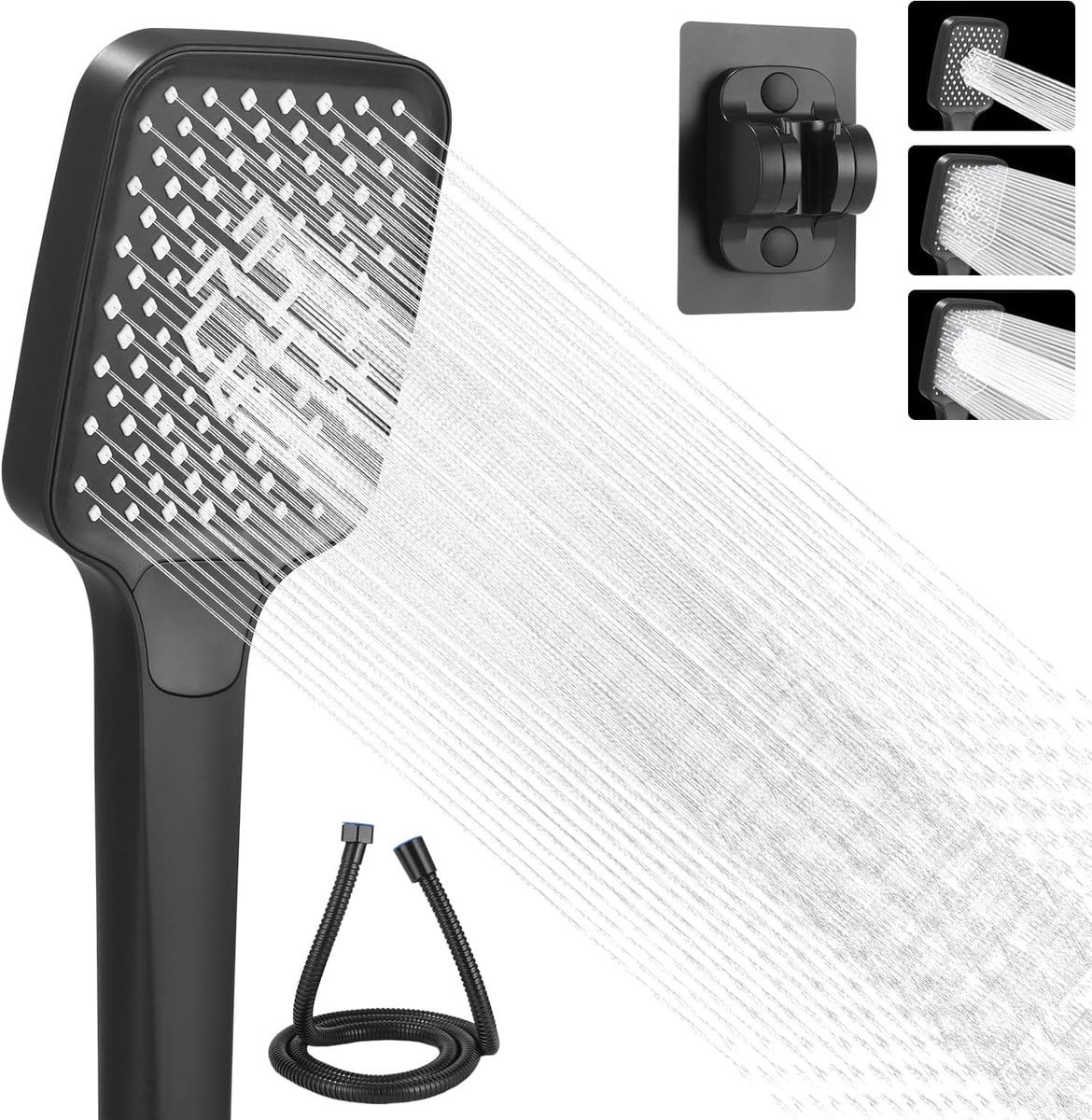 Zwarte waterbesparende handdouche met slang en houder, 3 straalsoorten, 105 mm
