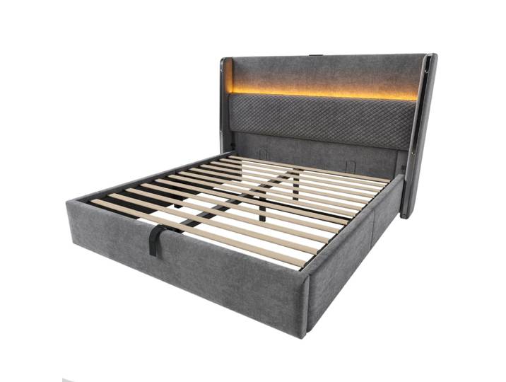 Lit tapissier double en lin gris 140x200cm