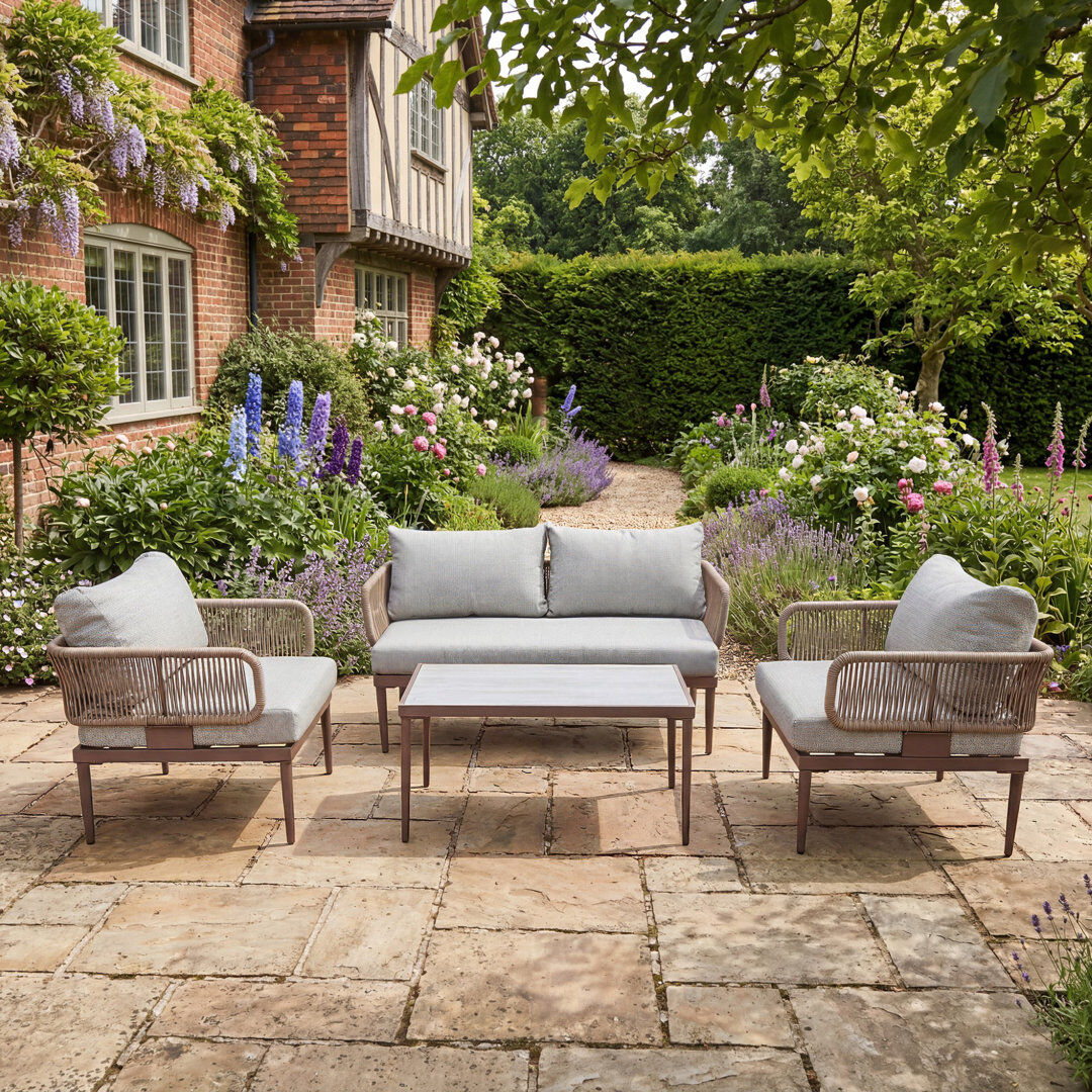 Lark Manor Soveria Outdoor Conversation Set - 2 Seat Sofa, 2 x Chairs + Table Brown 4
