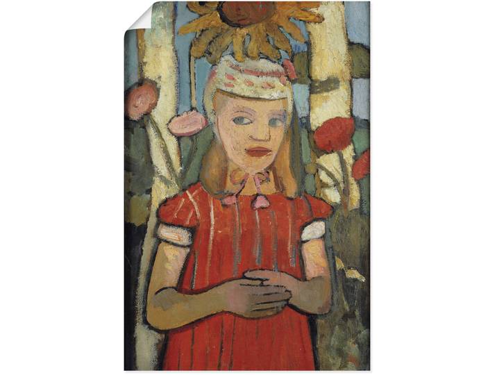 Poster ARTLAND Mädchen in rotem Kleid vor Sonnenblume. , rot (farbe bild(er): rot), B:30cm H:40cm, Bilder, Poster, ohne Rahmen