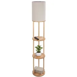 Relaxdays Stehlampe mit 3 Ablagen & Leinenschirm Weiß,Hellbraun