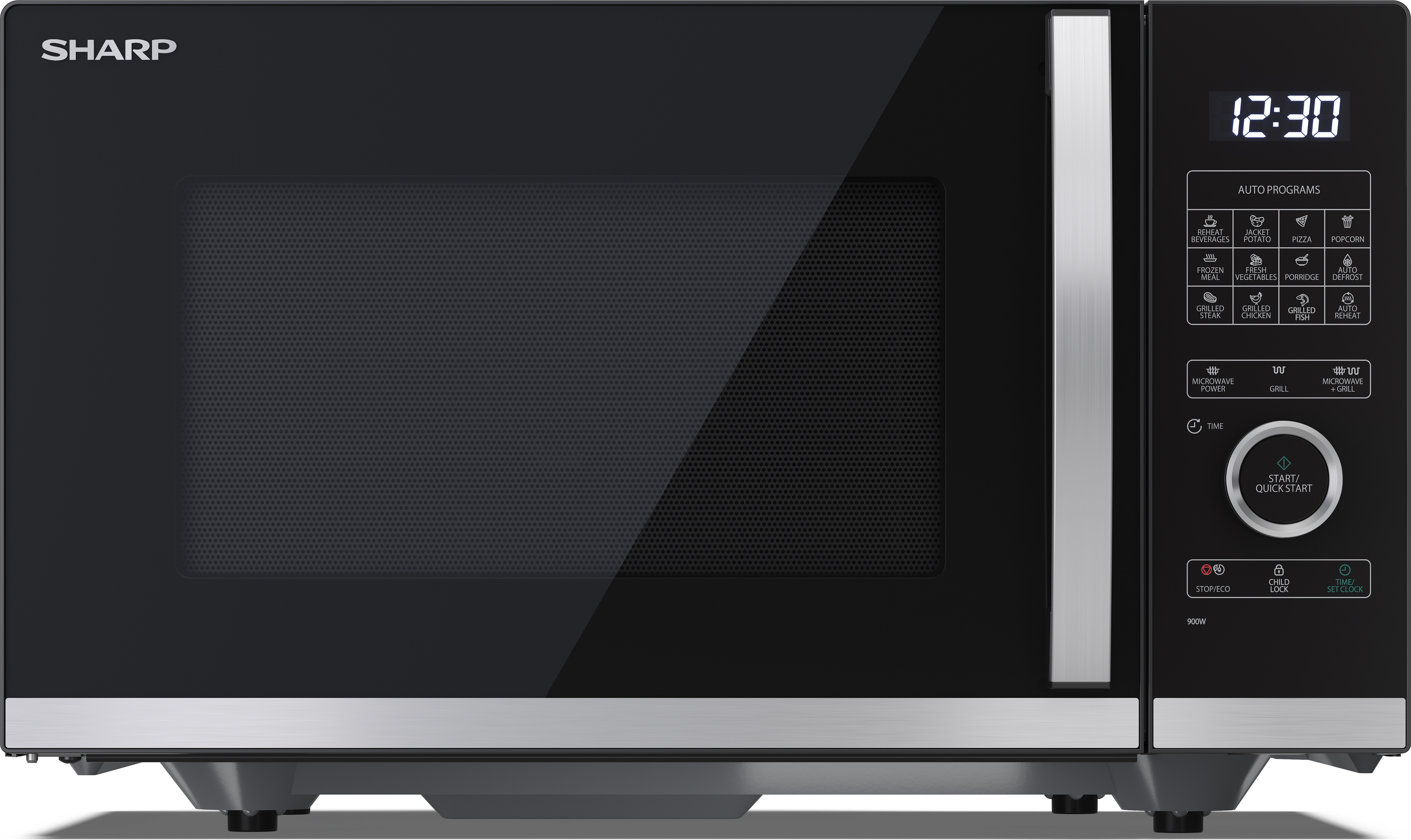 SHARP YC-QG234AE-B Mikrowelle mit Grill, Mikrowelle: 900W, Grill: 1000W, 10 Leistungsstufen, schwarz
