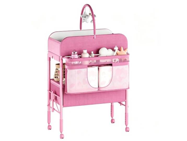 Koioplie Wickeltisch Klappbar Höhenverstellbar 2 Schubladen Rosa Baby Wasserfeste Auflage, Rollen, mobile Ausführung, kompakte Aufbewahrung, Neugeborene