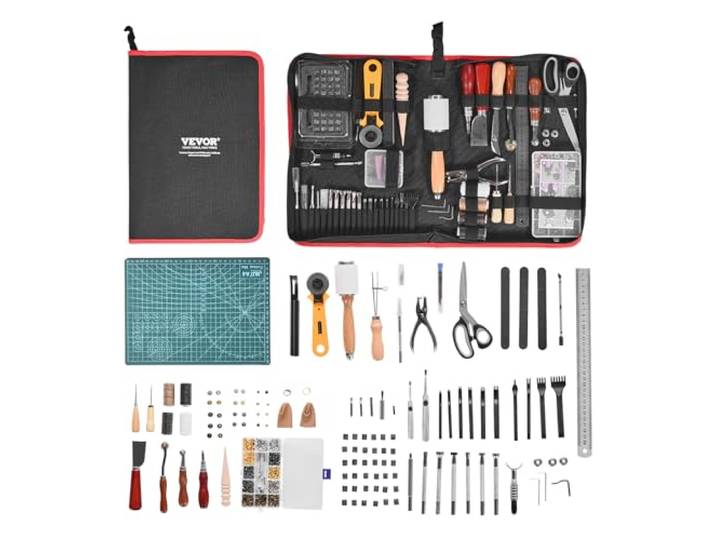 VEVOR Kit de travail du cuir\, 61 pièces\, outils d'artisanat du cuir avec sac de rangement en toile\, pour gravure\, poinçonnage\, couture\, estampage\, découpe\, pour débutants\, bricoleurs et professionnels