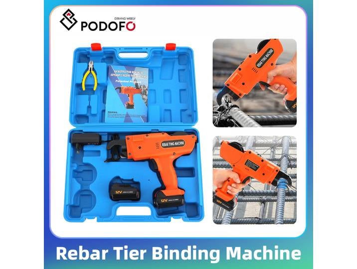 Machine à lier les barres d'armature automatique Podofo, 12V, sans fil, à brosse, pour lier les barres d'armature de 8 mm à 34 mm, avec batteries