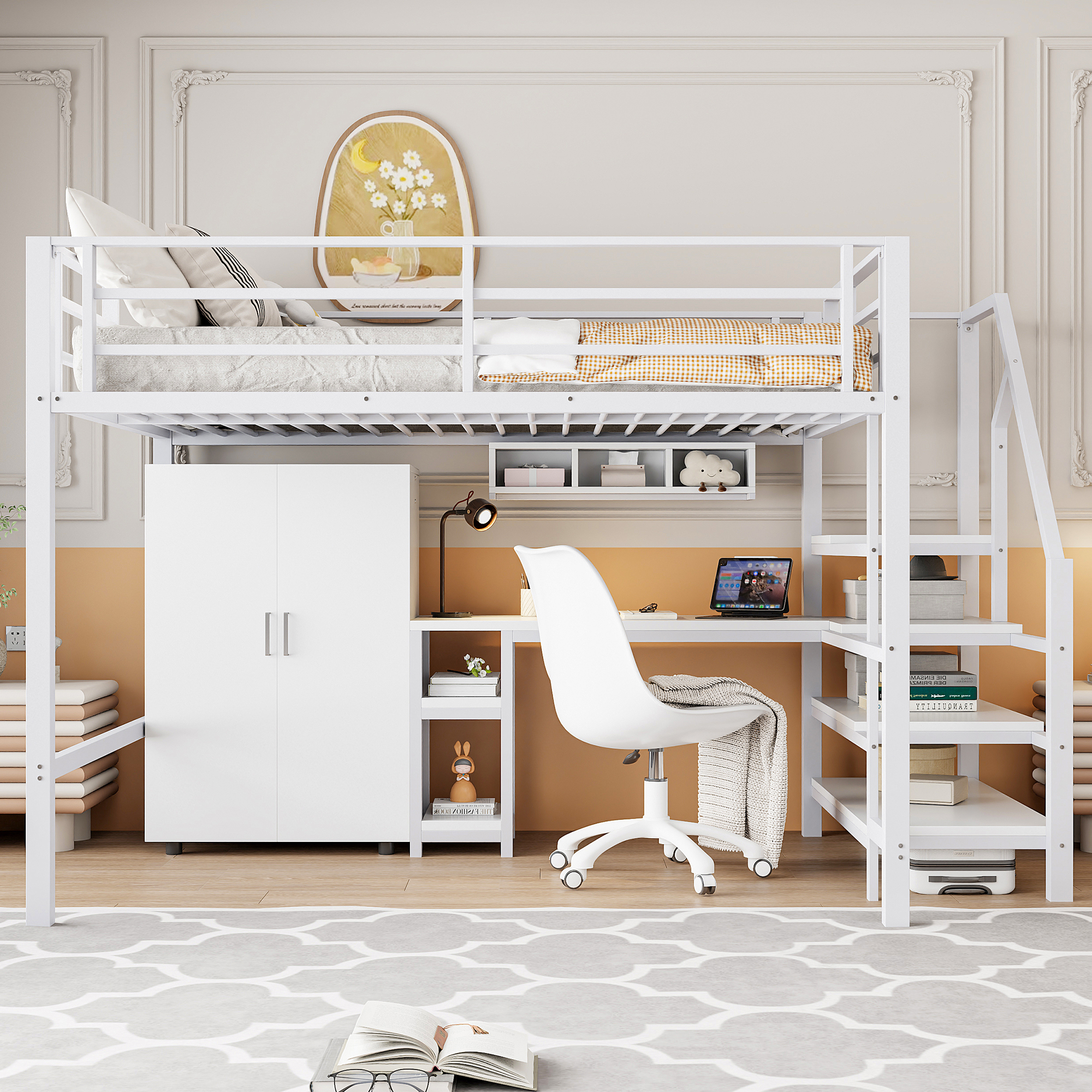 Flieks Etagenbett 140x200cm mit Kleiderschrank, Hochbett Metallbett mit Schreibtisch, Kinderbett Jugendbett Doppelbett mit Regal, Stockbett Weiß