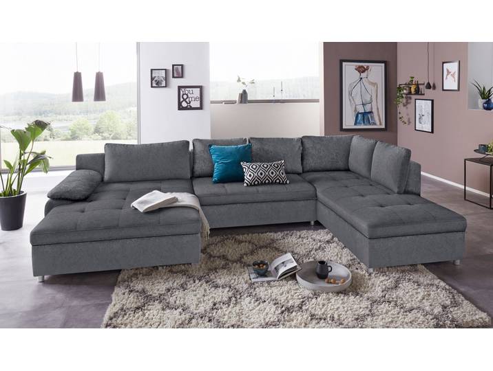 Wohnlandschaft, Luxus-Microfaser ALTARA NUBUCK, Dunkelgrau, 346×90 cm, U-Form, Modern, sit&more