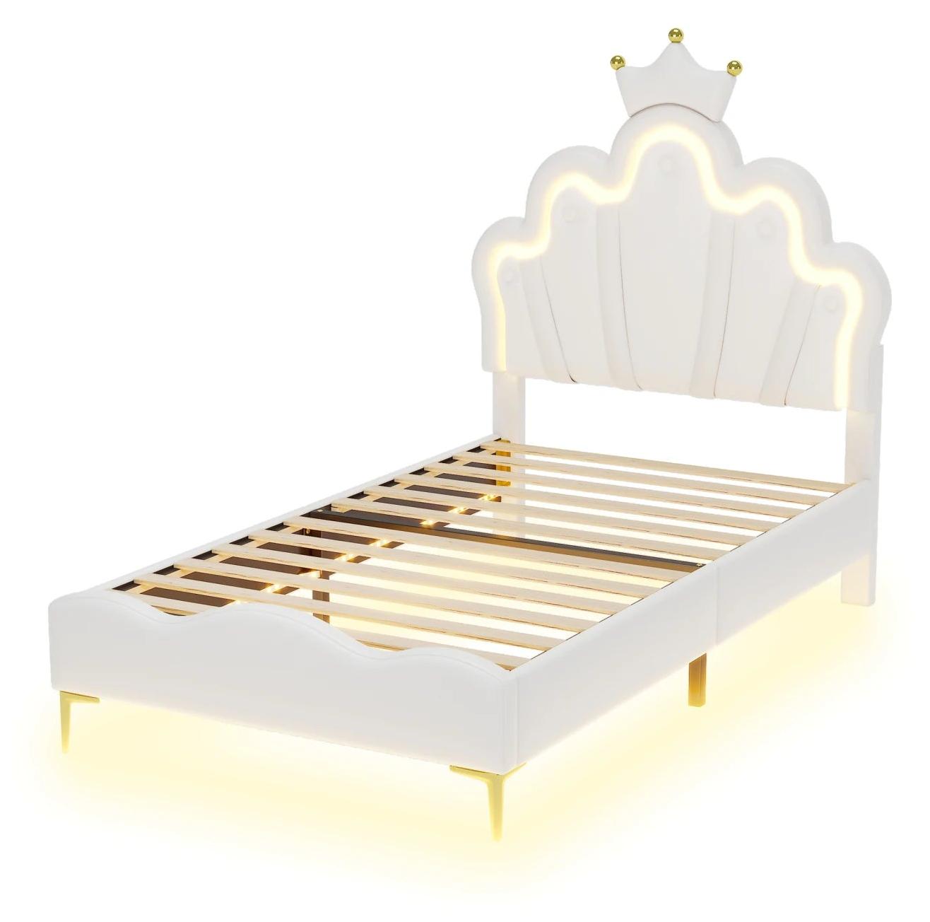 Prinzessinbett - Kinderbett - Einzelbett - Schlafsofa - Jugendbett - Weiß - 90x200 cm - Kopfteil in Kronenform