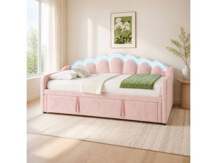 Lit gigogne - ZEVKOR - 90×200 - Velours rose - LED intégrée - Extensible 90→180×200
