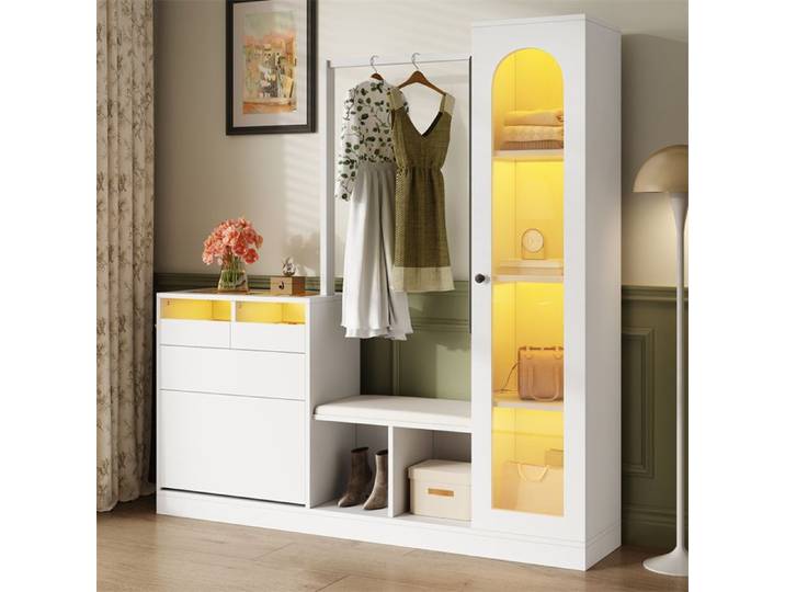 Vestiaire D'Entrée 6 en 1 avec LED et Armoire Meuble Porte-Manteau et Chaussures Meuble Entree Porte Manteau Banc Vitrine Verre