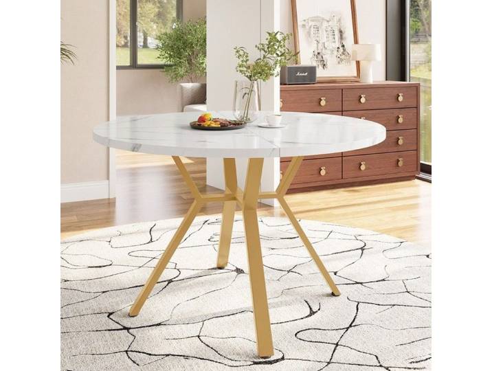 Table À Manger Seule Table ronde Modèle de marbre moderne - Table basse noire design X métal doré stable - Durable tendance