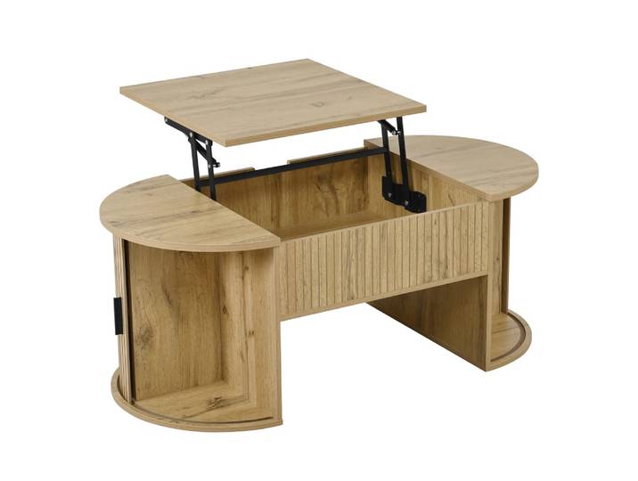Table basse de salon ovale avec plateau relevable et rangement, chêne