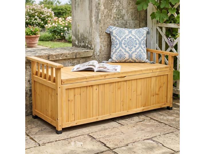 Coffre de Rangement en Bois d'Épicéa-COSTWAY-Grand XXL avec Accoudoirs-155L-Banc 2 Places & Bac Jardin Extérieur/Terrasse/Cour