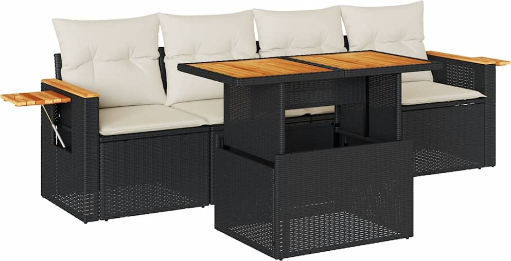 5tlg. Garten-Sofagarnitur mit Kissen Schwarz Poly Rattan Akazie