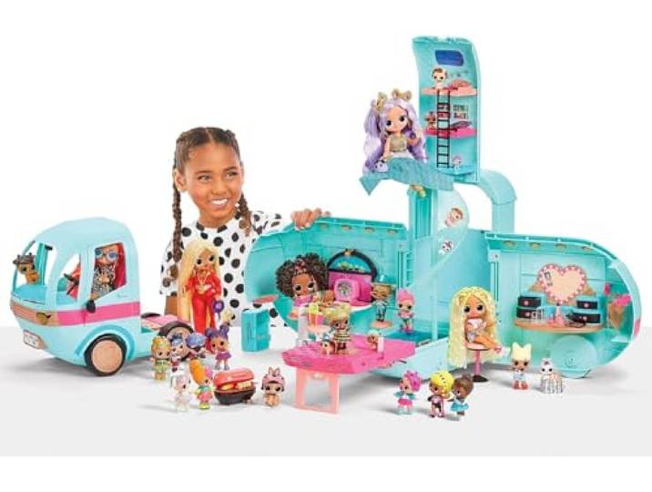 L.O.L. Surprise OMG Glam N’ Go Camper Playset with 50+ Surprises and 360° Play, Fully Furnished with Pool, Water Slide, Bunk Beds, Vanity, BBQ Grill, DJ Booth, and More - Great Gift for Kids Ages 4+