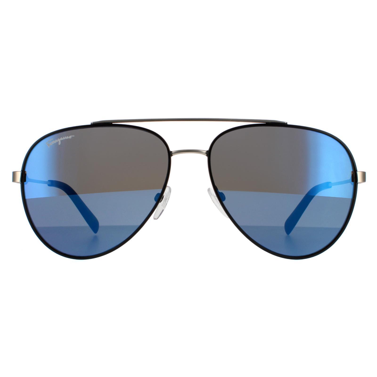 Salvatore Ferragamo Aviator Herren schwarz matt dunkel Ruthenium Flash blau Himmel 90041091