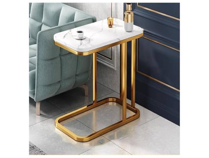 C-förmiger Marmor-Beistelltisch mit doppellagigem Ablagefach for Wohnzimmer Schlafzimmer und Sofa-Snack-Tisch(White,Single layer)