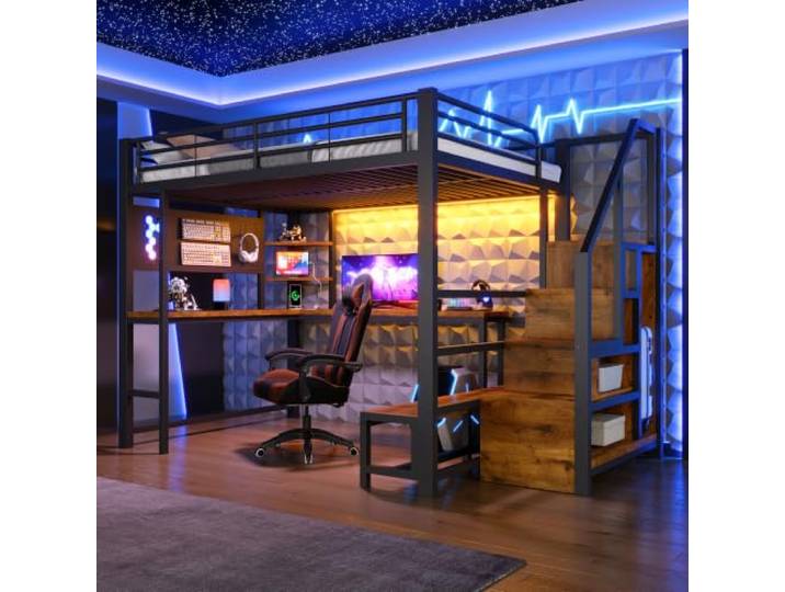 FAVSH Hochbett 90x200 cm, Metallbett mit Schreibtisch, Regalen und Lochwand, Hochbett für Erwachsene und Jugendliche mit LED-Beleuchtung,USB- und Type-C-Anschluss,Leiterschrank, ohne Matratze, Schwarz