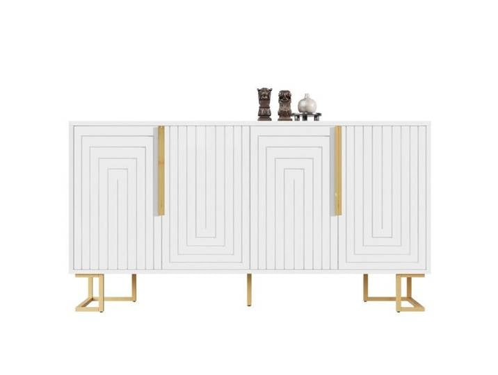 Buffet Bahut-Blanc-Poignées&Pieds Dorés-152x40x75cm-Design Géométrique-Élégant-Moderne-Pour Salon-Cuisine