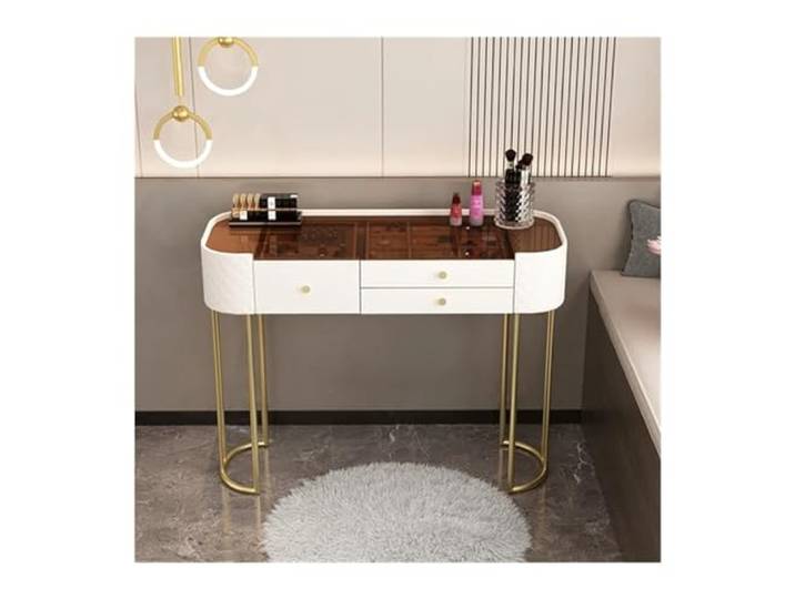 zhangrui1888 Schminktisch Moderner, Schlichter Schminktisch mit 2 Schubladen und Glasplatte Schlafzimmer-Make-up-Waschtisch ﻿(Mittel)
