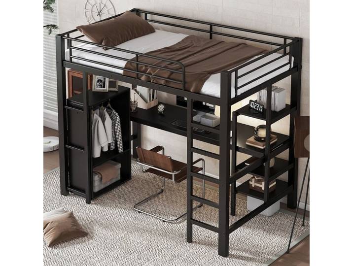 Lit de fer Convient pour les enfants et les adolescents Avec table et armoire Fentes Richement Noir Lit superpose