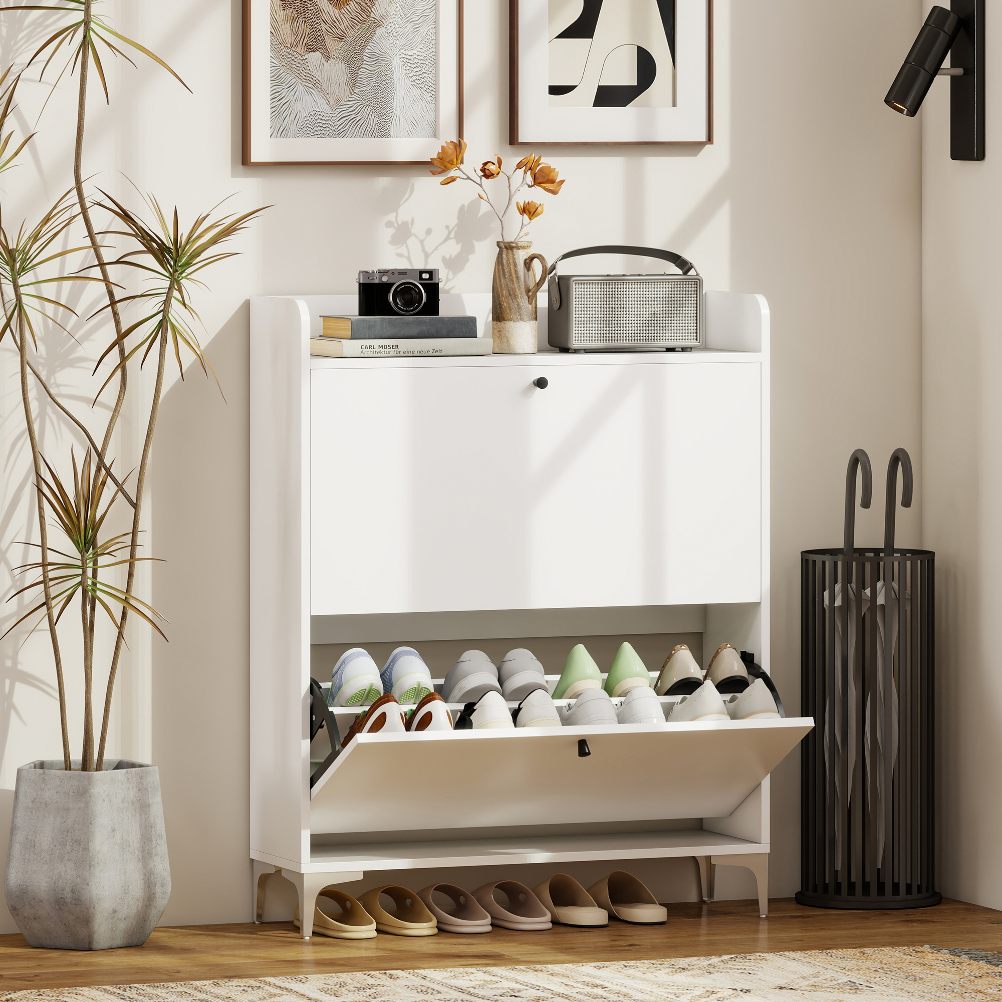 Homcom Mobile Scarpiera Slim con 2 Cassetti a Ribalta e Ripiani Regolabili, in Legno e Metallo, 80x24x101 cm, Bianco   Aosom Italy