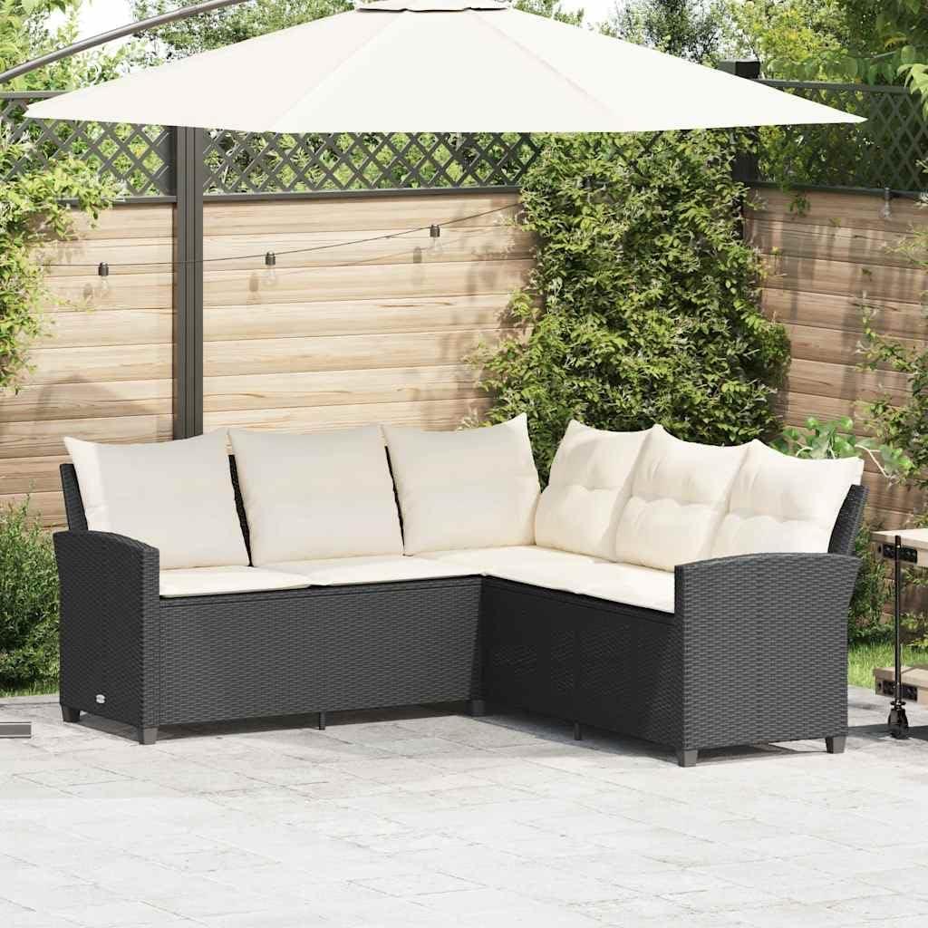 L-förmiges Couchsofa aus schwarzem Polyrattan mit Kissen für Terrasse und Garten, UV-beständig und wasserfest