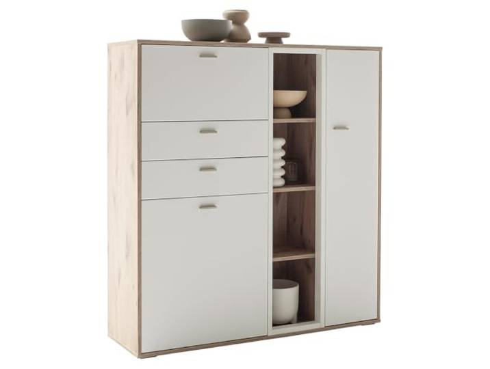 Lomadox Wohnzimmer Esszimmer Highboard Vitrinenschrank 124cm breit Eiche weiß, modern