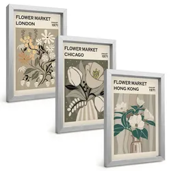 BILDER SET 3er Set - 20x30 cm Silberner Rahmen - Blumenmessen London Chicago Hongkong