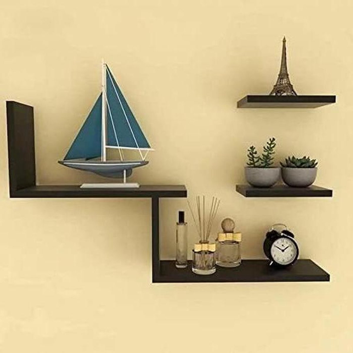 Set van 7 zwarte houten zwevende wandplanken voor decoratie en opbergen