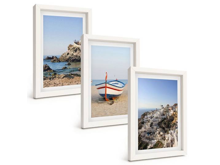 BILDER SET 3er Set - 20x30 cm Weißer Rahmen - Ansichten von Griechenland mit einem Boot und Häusern
