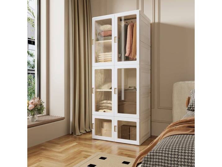 Armoire de Chambre - 6 Portes transparente - 10 Cubes - 1 Tige Suspendue - Pliable - Blanc - 69x50x170 cm - Meuble de Rangement DIY