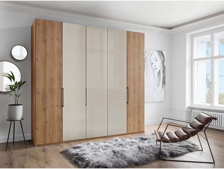 Drehtürenschrank, Floatglas & Holzwerkstoff, Bianco-Eiche-Nachbildung, 246,3×236×58 cm, Teil-Glasfront, Wiemann