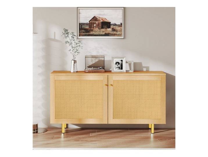 FANNOU Sideboard aus Korbgeflecht,Doppeltüriger Aufbewahrungsschrank, H63/B120/T40 cm, rustikales Sideboard für das Esszimmer