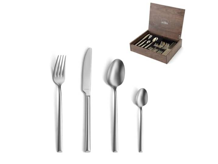 Amefa METROPOLE Besteck Set 24-tlg., 18/10 Edelstahl, 6 Personen samtig-matte Oberfläche, abgeschrägte Griffenden, Menümesser, Gabeln, Löffel, Kaffeelöffel, spülmaschinenfest, rostfrei