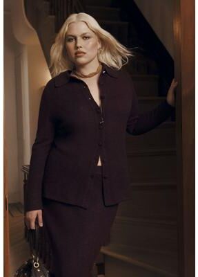 Plus Size Women's Button-Up Intarsia Knit Longline Cardigan by June & Vie in Bordeaux Cocoa (Size 18/20)