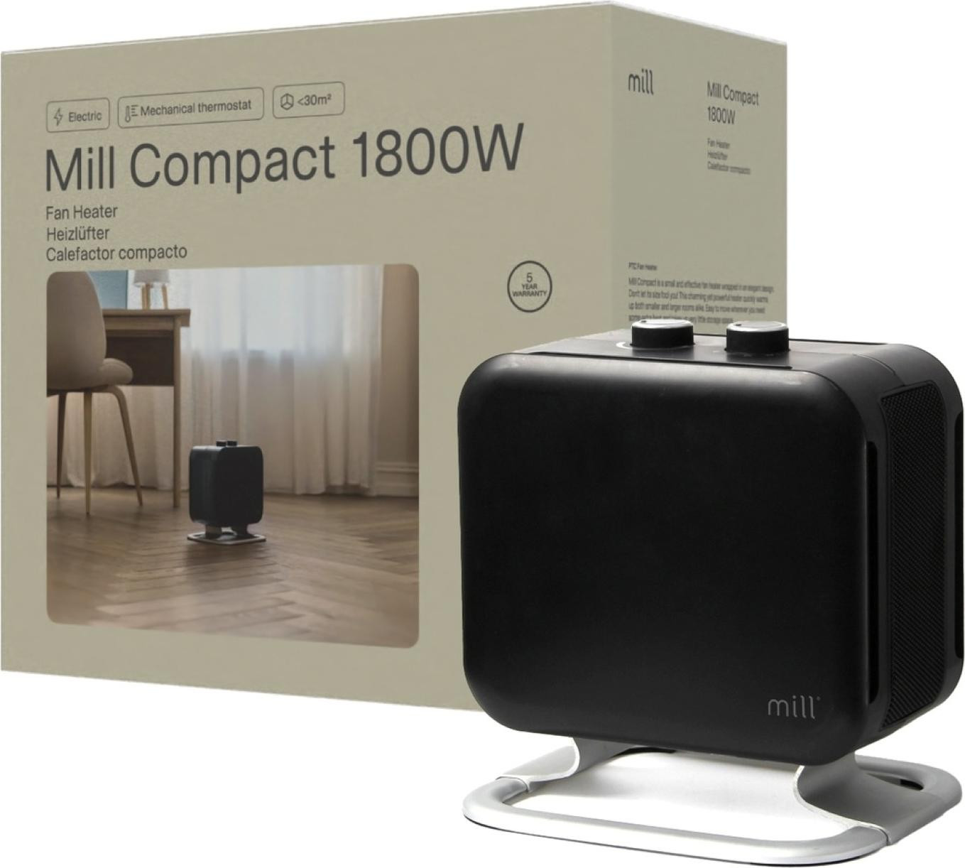 Mill Compacte verwarming met 1800W en aluminium voet, zwart