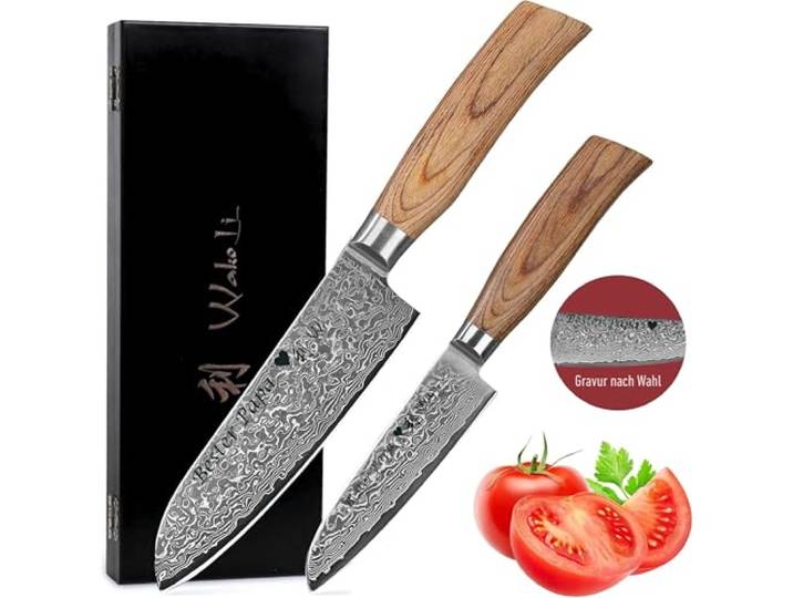 Wakoli EDIB Pro Damastmesser Set mit Gravur – Personalisiertes 2er Santoku Messerset, 16 cm & 11 cm Klingen aus 67 Lagen Damaststahl (VG10-Kern), ergonomische Pakkaholzgriffe – in Geschenkbox