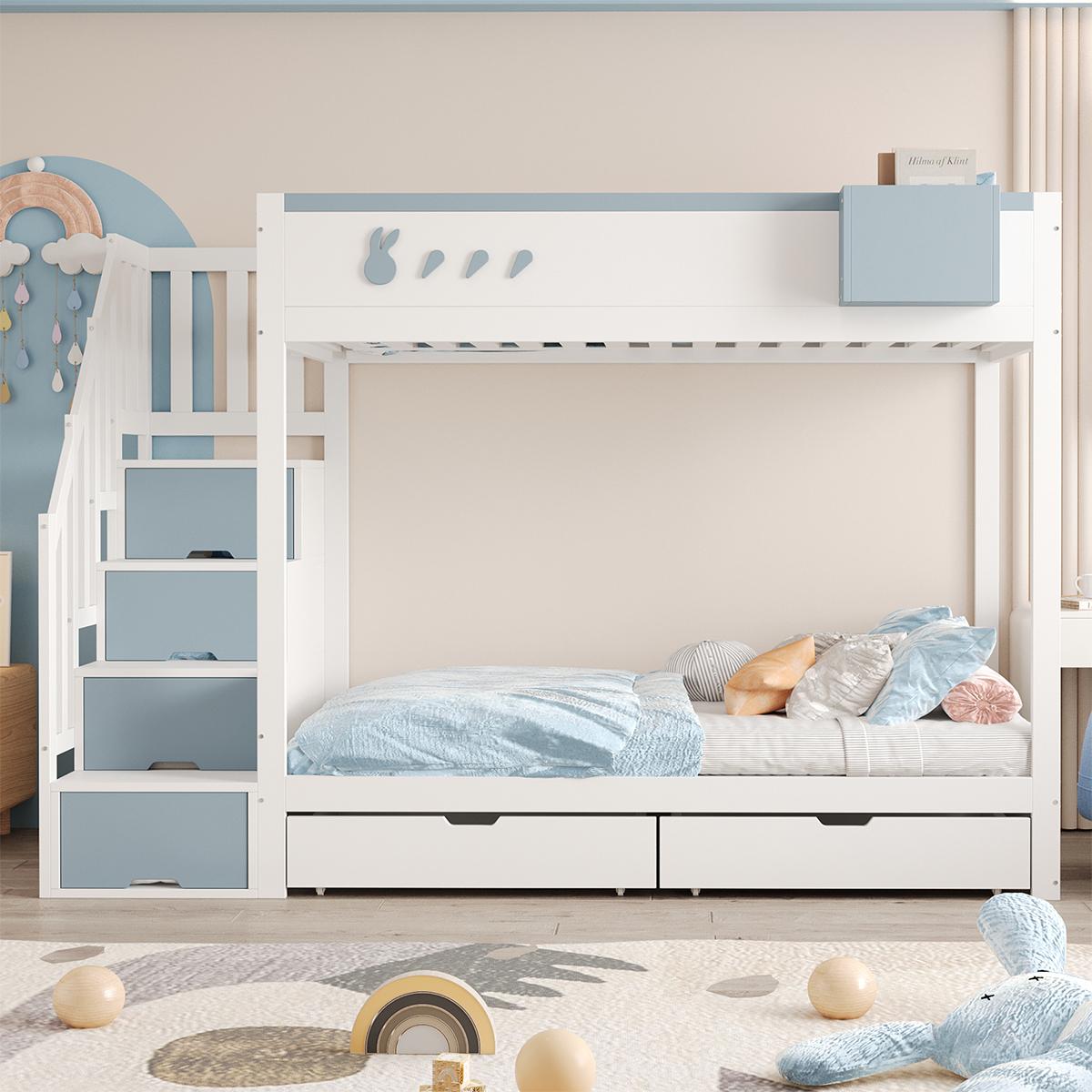Kinderbett mit Abnehmbarem Ablagefach und Sicherer Aufbewahrungsleiter Etagenbett Jugendbett 90*200 cm Weiß + Blau